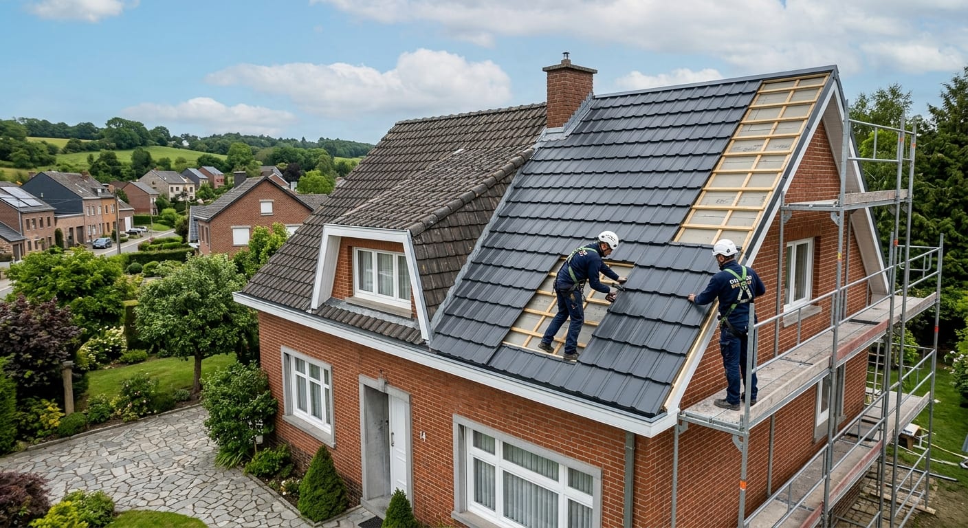 Maison unifamiliale belge recevant une pose surtoiture métallique élégante imitation tuiles avec isolation toiture thermique performante